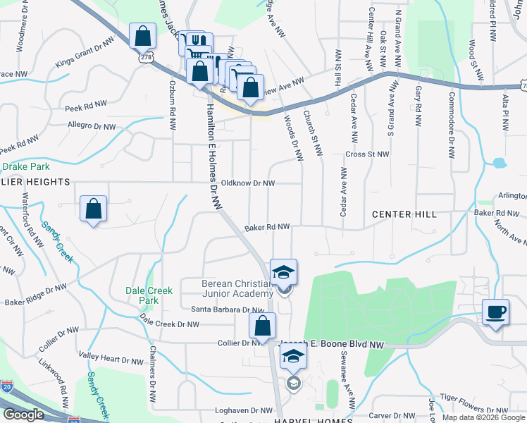 map of restaurants, bars, coffee shops, grocery stores, and more near 581 Commercial Avenue Northwest in Atlanta