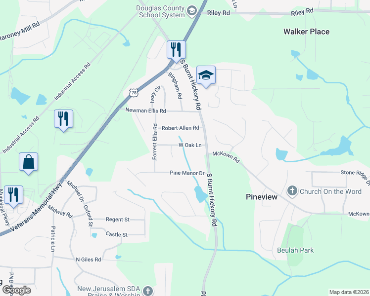 map of restaurants, bars, coffee shops, grocery stores, and more near 4073 West Oak Lane in Douglasville