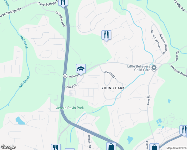 map of restaurants, bars, coffee shops, grocery stores, and more near Malone Road in Douglasville