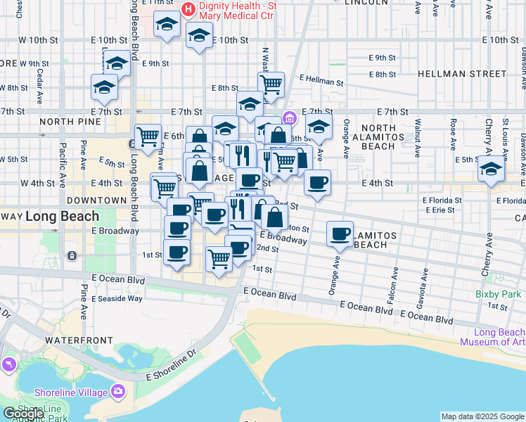 map of restaurants, bars, coffee shops, grocery stores, and more near 278 Alamitos Avenue in Long Beach