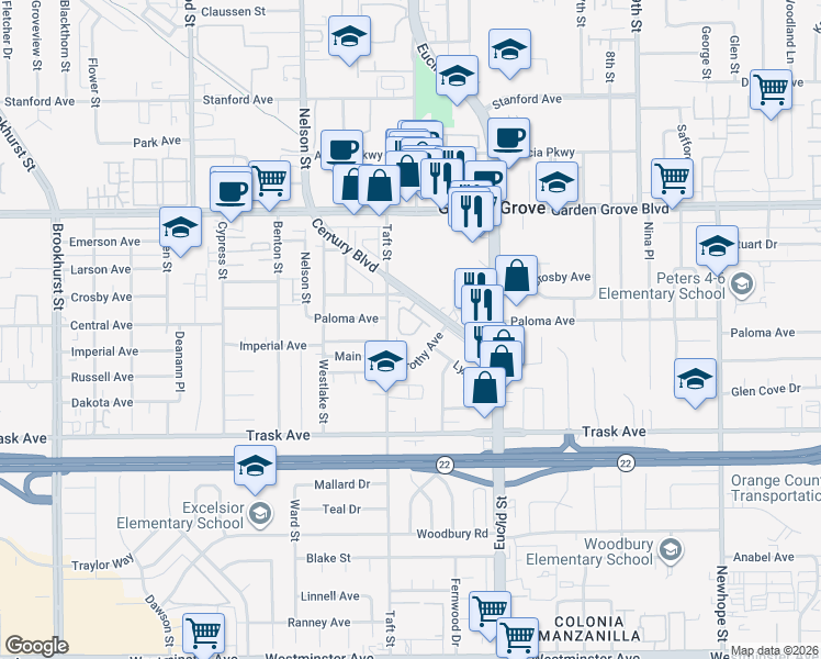 map of restaurants, bars, coffee shops, grocery stores, and more near 13283 Michael Rainford Circle in Garden Grove