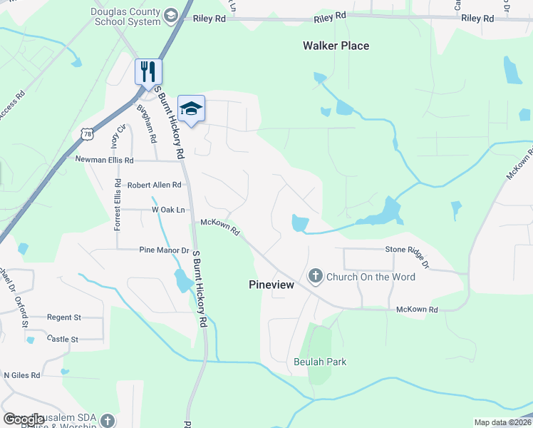 map of restaurants, bars, coffee shops, grocery stores, and more near 1303 Windsor Glen Drive in Douglasville