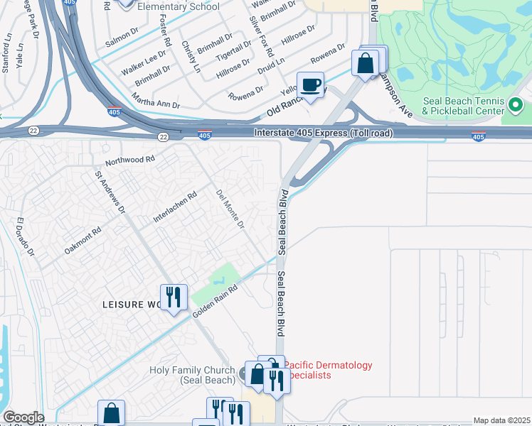 map of restaurants, bars, coffee shops, grocery stores, and more near 1950 McKinney Way in Seal Beach