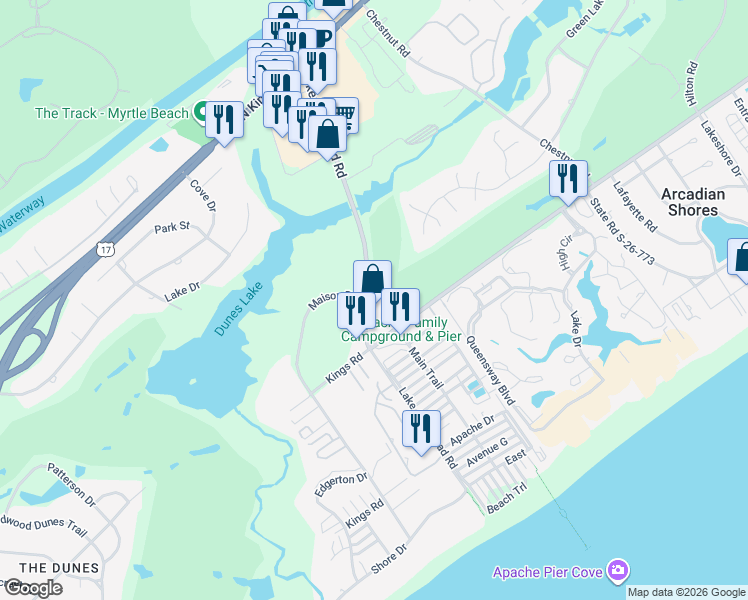 map of restaurants, bars, coffee shops, grocery stores, and more near 530 Lake Arrowhead Road in Myrtle Beach
