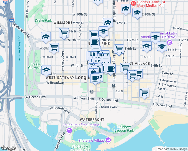 map of restaurants, bars, coffee shops, grocery stores, and more near in Long Beach