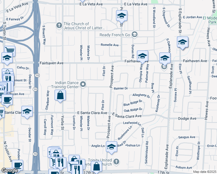 map of restaurants, bars, coffee shops, grocery stores, and more near 13172 Flint Drive in Santa Ana