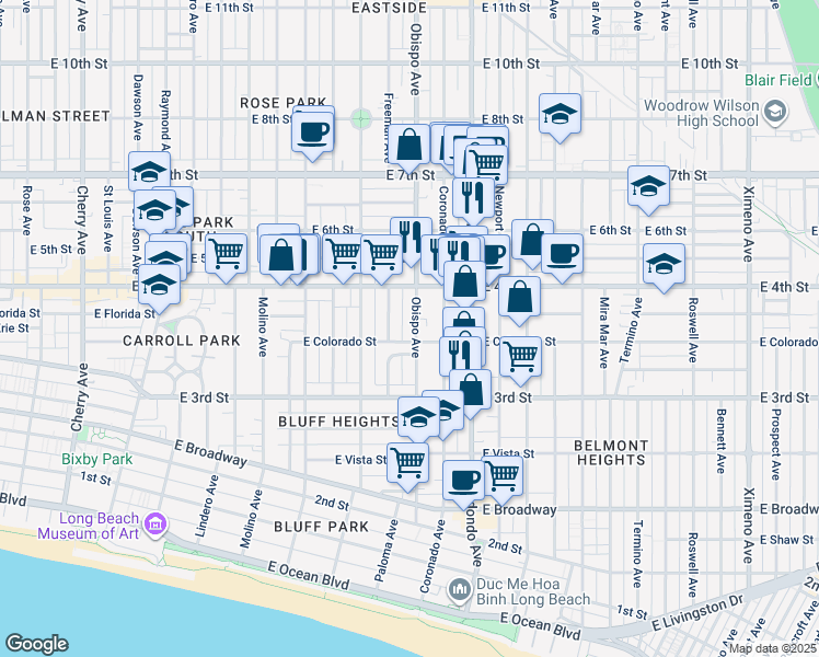 map of restaurants, bars, coffee shops, grocery stores, and more near 359 Obispo Avenue in Long Beach
