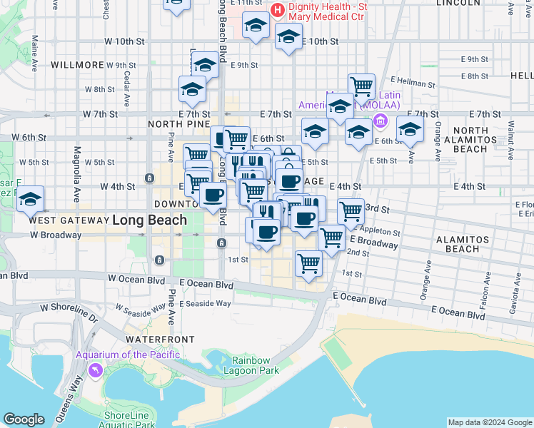 map of restaurants, bars, coffee shops, grocery stores, and more near 434 East 3rd Street in Long Beach