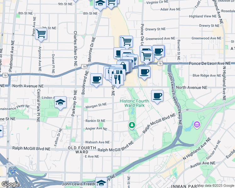 map of restaurants, bars, coffee shops, grocery stores, and more near 593 Glen Iris Drive Northeast in Atlanta