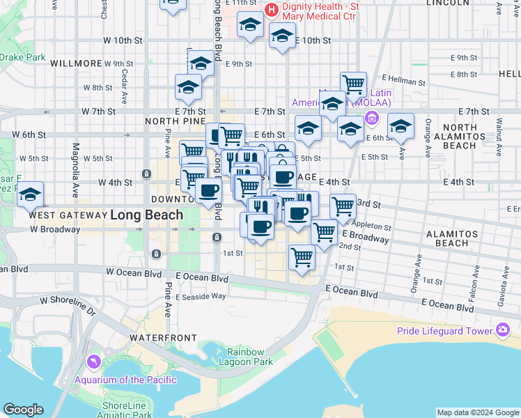 map of restaurants, bars, coffee shops, grocery stores, and more near 434 East 3rd Street in Long Beach