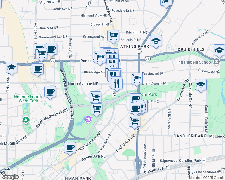 map of restaurants, bars, coffee shops, grocery stores, and more near in Atlanta
