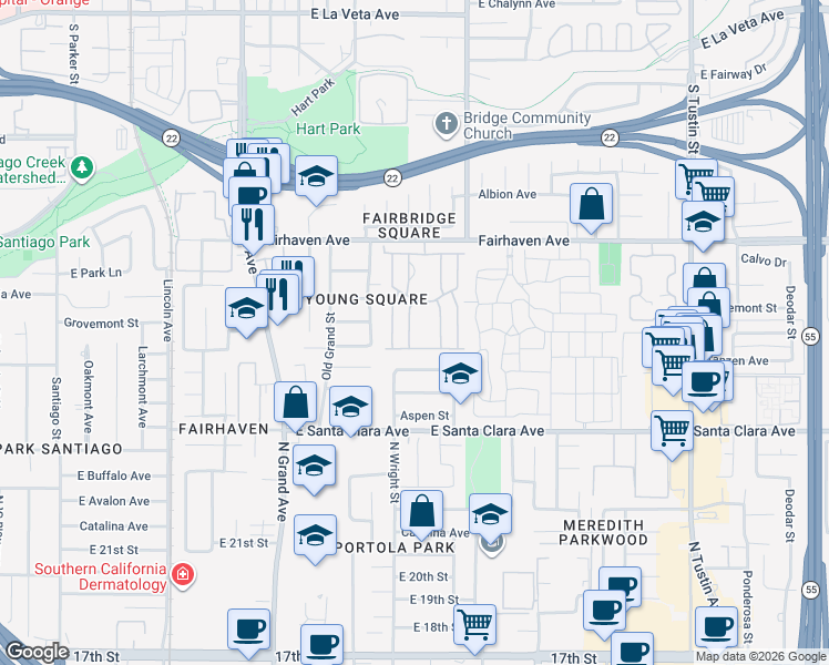 map of restaurants, bars, coffee shops, grocery stores, and more near 2509 View Lake in Santa Ana