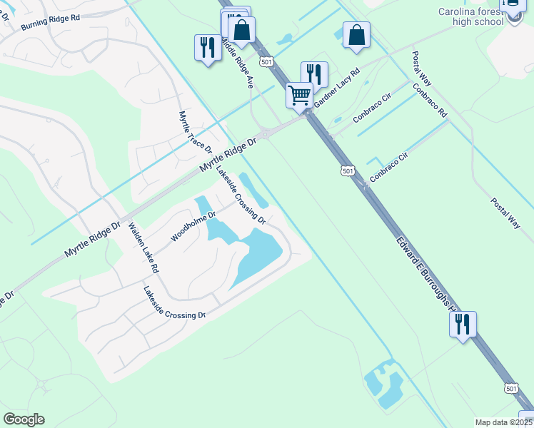 map of restaurants, bars, coffee shops, grocery stores, and more near 809 Windemere Court in Conway