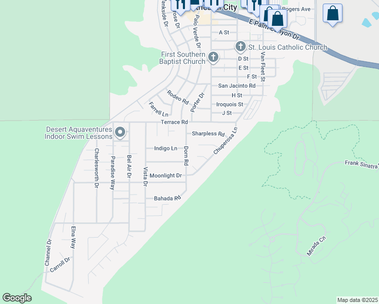 map of restaurants, bars, coffee shops, grocery stores, and more near 38220 Dorn Drive in Cathedral City