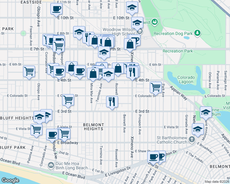 map of restaurants, bars, coffee shops, grocery stores, and more near 4000 East 4th Street in Long Beach