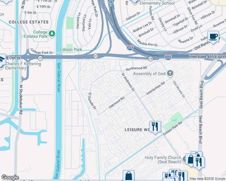 map of restaurants, bars, coffee shops, grocery stores, and more near 13250 Fairfield Lane in Seal Beach