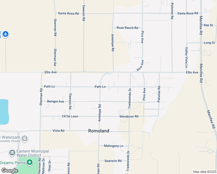 map of restaurants, bars, coffee shops, grocery stores, and more near Patti Lane in Romoland