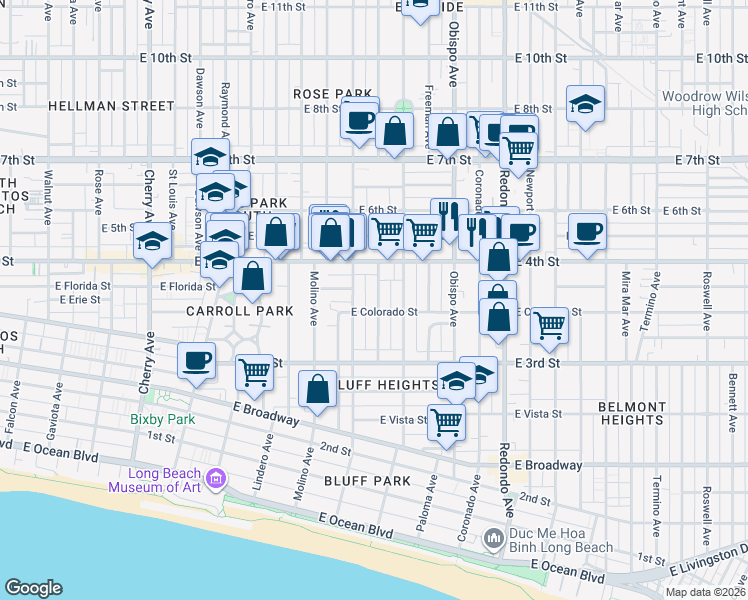 map of restaurants, bars, coffee shops, grocery stores, and more near 379 Gladys Avenue in Long Beach