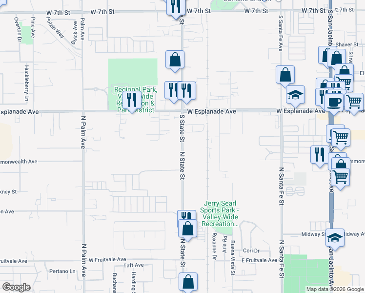 map of restaurants, bars, coffee shops, grocery stores, and more near 1690 South State Street in Hemet