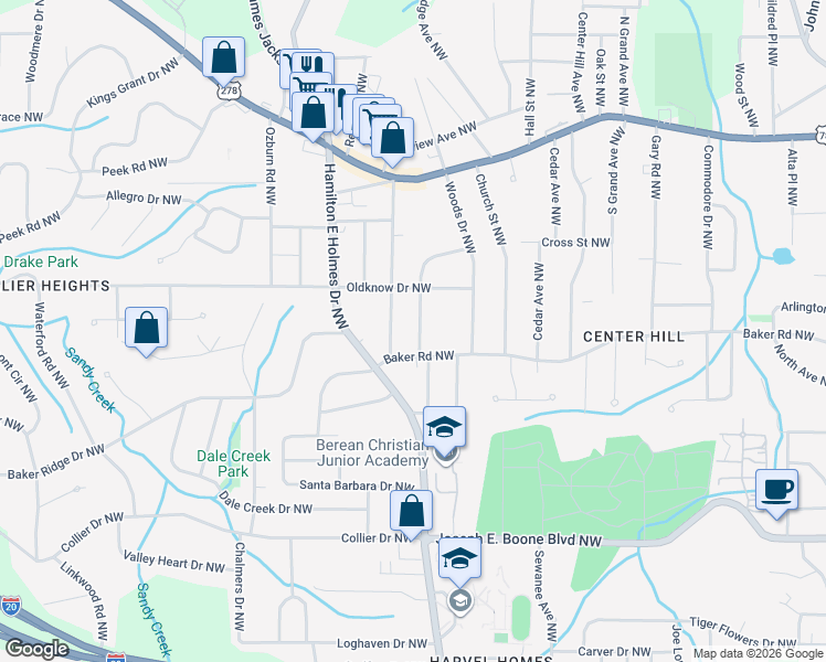 map of restaurants, bars, coffee shops, grocery stores, and more near 581 Commercial Avenue Northwest in Atlanta