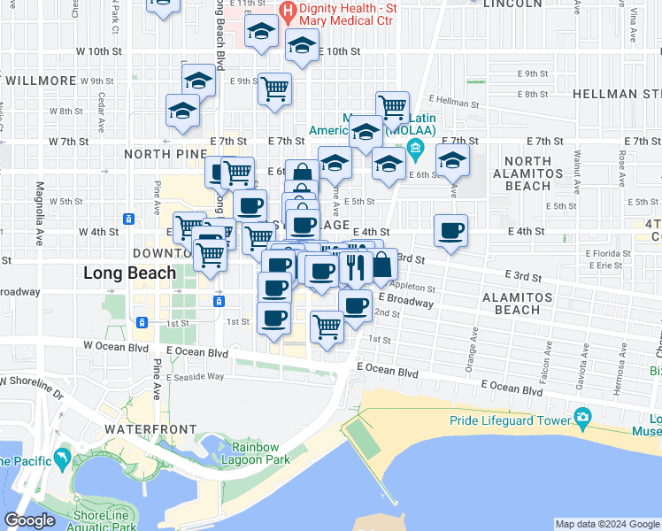 map of restaurants, bars, coffee shops, grocery stores, and more near 247 Lime Avenue in Long Beach