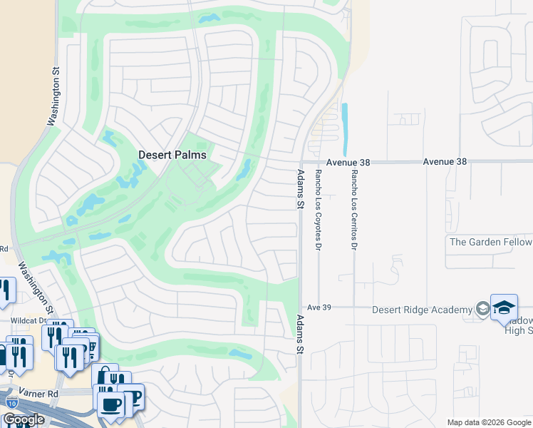 map of restaurants, bars, coffee shops, grocery stores, and more near 38316 Brandywine Avenue in Palm Desert