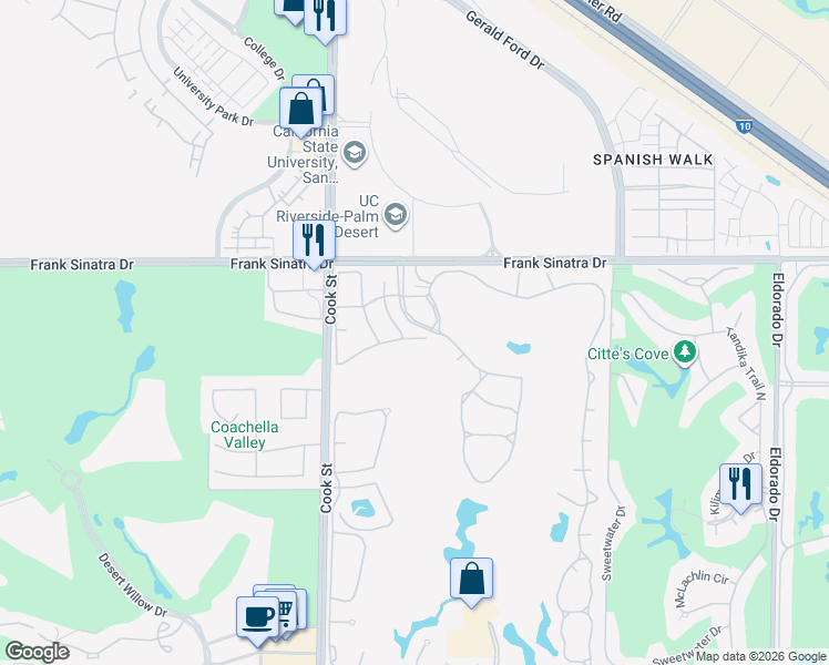 map of restaurants, bars, coffee shops, grocery stores, and more near 230 Augusta Drive in Palm Desert