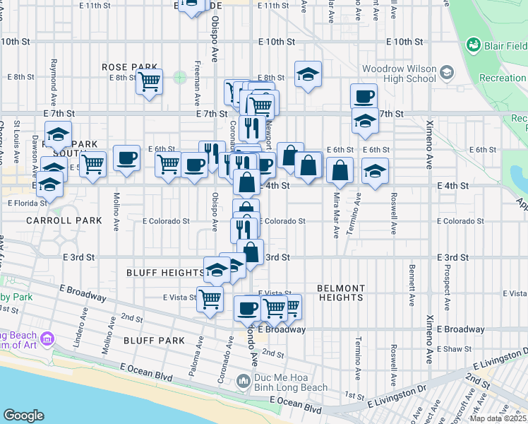 map of restaurants, bars, coffee shops, grocery stores, and more near 363 Newport Avenue in Long Beach