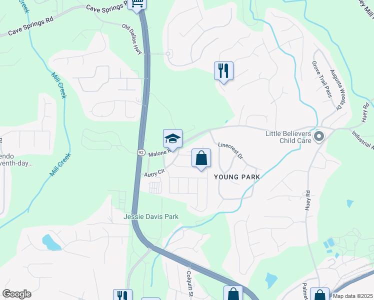 map of restaurants, bars, coffee shops, grocery stores, and more near 7712 Autry Circle in Douglasville