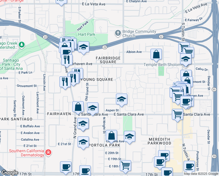 map of restaurants, bars, coffee shops, grocery stores, and more near 2509 View Lake in Santa Ana