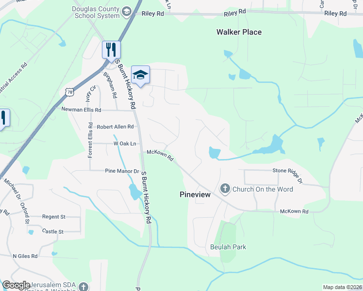 map of restaurants, bars, coffee shops, grocery stores, and more near 1280 12 Oaks Dr in Douglasville