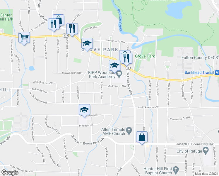 map of restaurants, bars, coffee shops, grocery stores, and more near 1770 Madrona Street Northwest in Atlanta