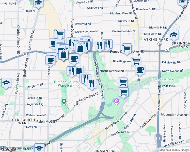 map of restaurants, bars, coffee shops, grocery stores, and more near 829 North Avenue Northeast in Atlanta