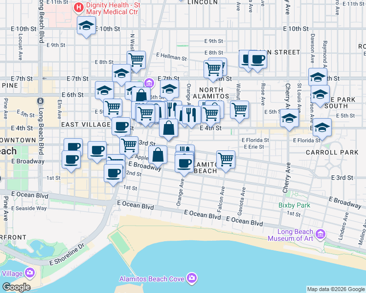 map of restaurants, bars, coffee shops, grocery stores, and more near 1187 East 3rd Street in Long Beach