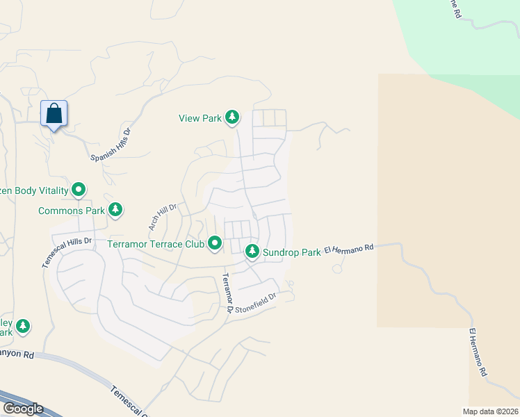map of restaurants, bars, coffee shops, grocery stores, and more near 11950 El Hermano Road in Corona