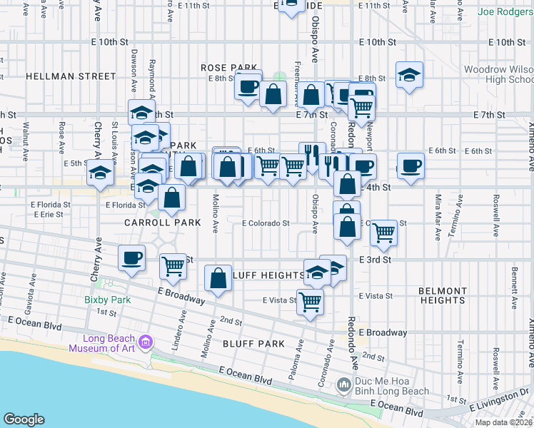 map of restaurants, bars, coffee shops, grocery stores, and more near 379 Gladys Avenue in Long Beach
