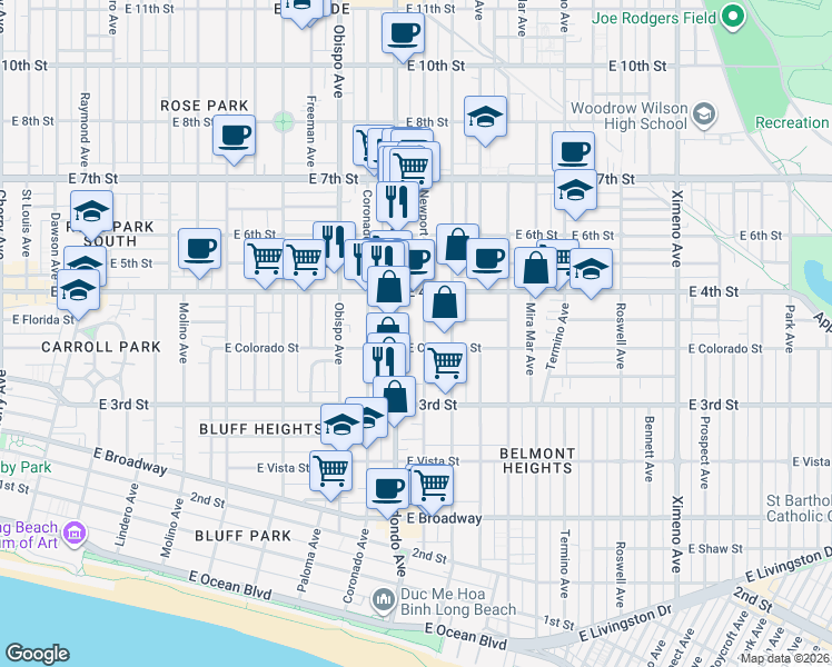 map of restaurants, bars, coffee shops, grocery stores, and more near 363 Newport Avenue in Long Beach