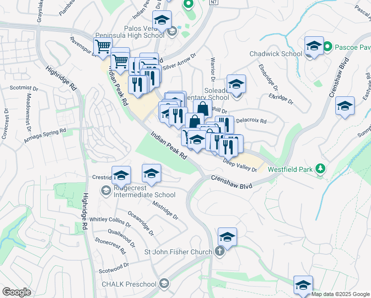 map of restaurants, bars, coffee shops, grocery stores, and more near 627 Deep Valley Drive in Rolling Hills Estates