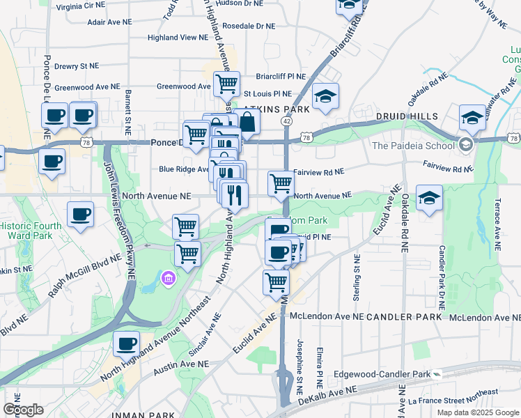 map of restaurants, bars, coffee shops, grocery stores, and more near 589 Seminole Avenue Northeast in Atlanta