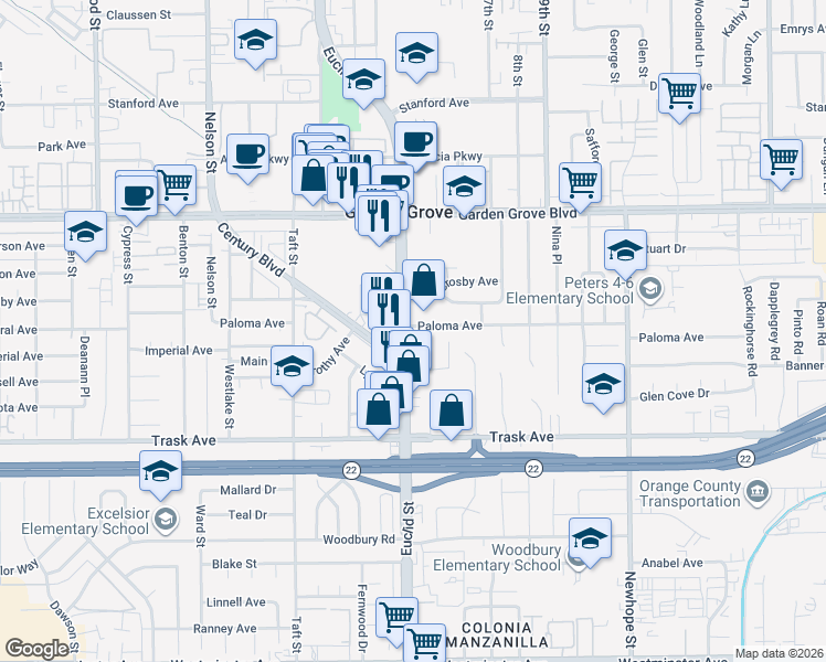 map of restaurants, bars, coffee shops, grocery stores, and more near 13200 South Euclid Street in Garden Grove