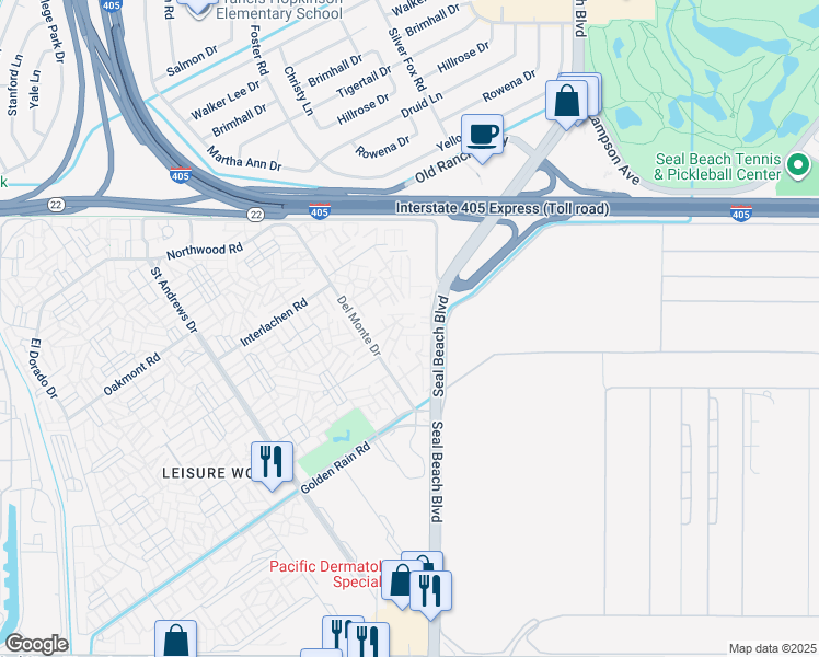 map of restaurants, bars, coffee shops, grocery stores, and more near 1950 McKinney Way in Seal Beach