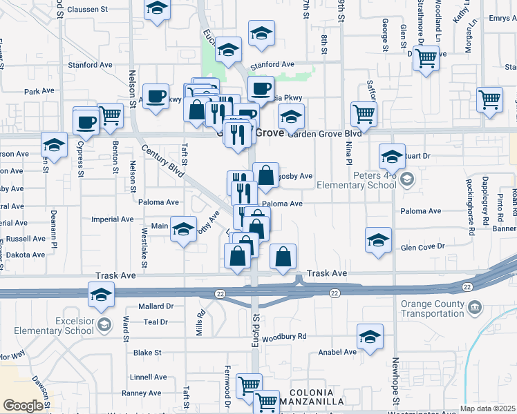 map of restaurants, bars, coffee shops, grocery stores, and more near 13200 South Euclid Street in Garden Grove