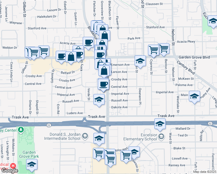 map of restaurants, bars, coffee shops, grocery stores, and more near in Garden Grove