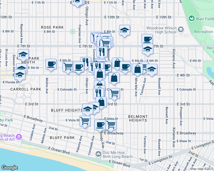 map of restaurants, bars, coffee shops, grocery stores, and more near in Long Beach