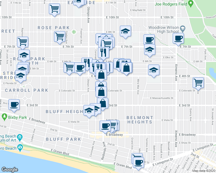 map of restaurants, bars, coffee shops, grocery stores, and more near in Long Beach