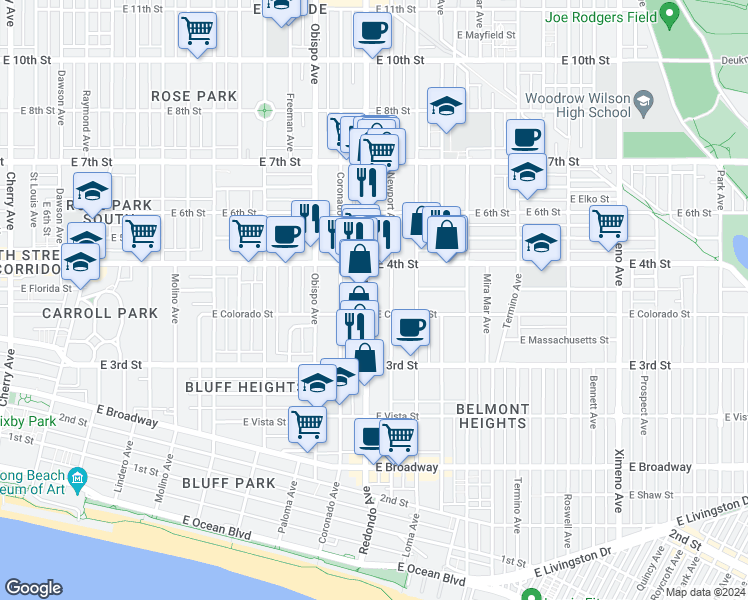 map of restaurants, bars, coffee shops, grocery stores, and more near in Long Beach