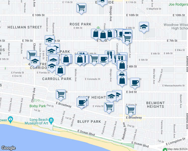map of restaurants, bars, coffee shops, grocery stores, and more near 379 Gladys Avenue in Long Beach