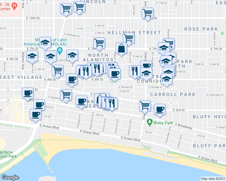 map of restaurants, bars, coffee shops, grocery stores, and more near 1509 East Florida Street in Long Beach