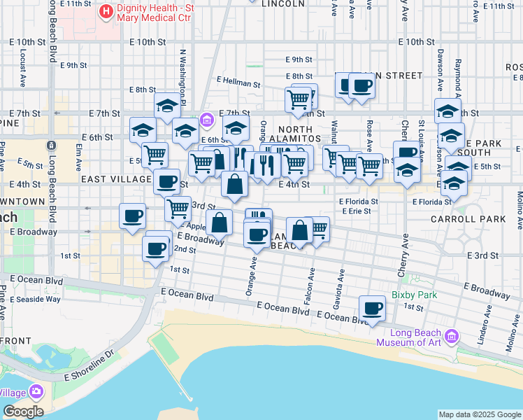 map of restaurants, bars, coffee shops, grocery stores, and more near 1217 East Florida Street in Long Beach