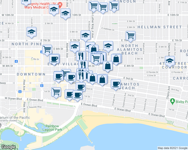 map of restaurants, bars, coffee shops, grocery stores, and more near 410 East 3rd Street in Long Beach